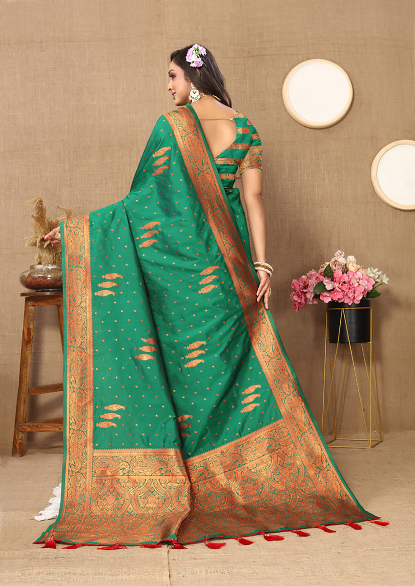 Lorenvalley Fashion Green Soft Silk Copper Zari weaving Design Saree