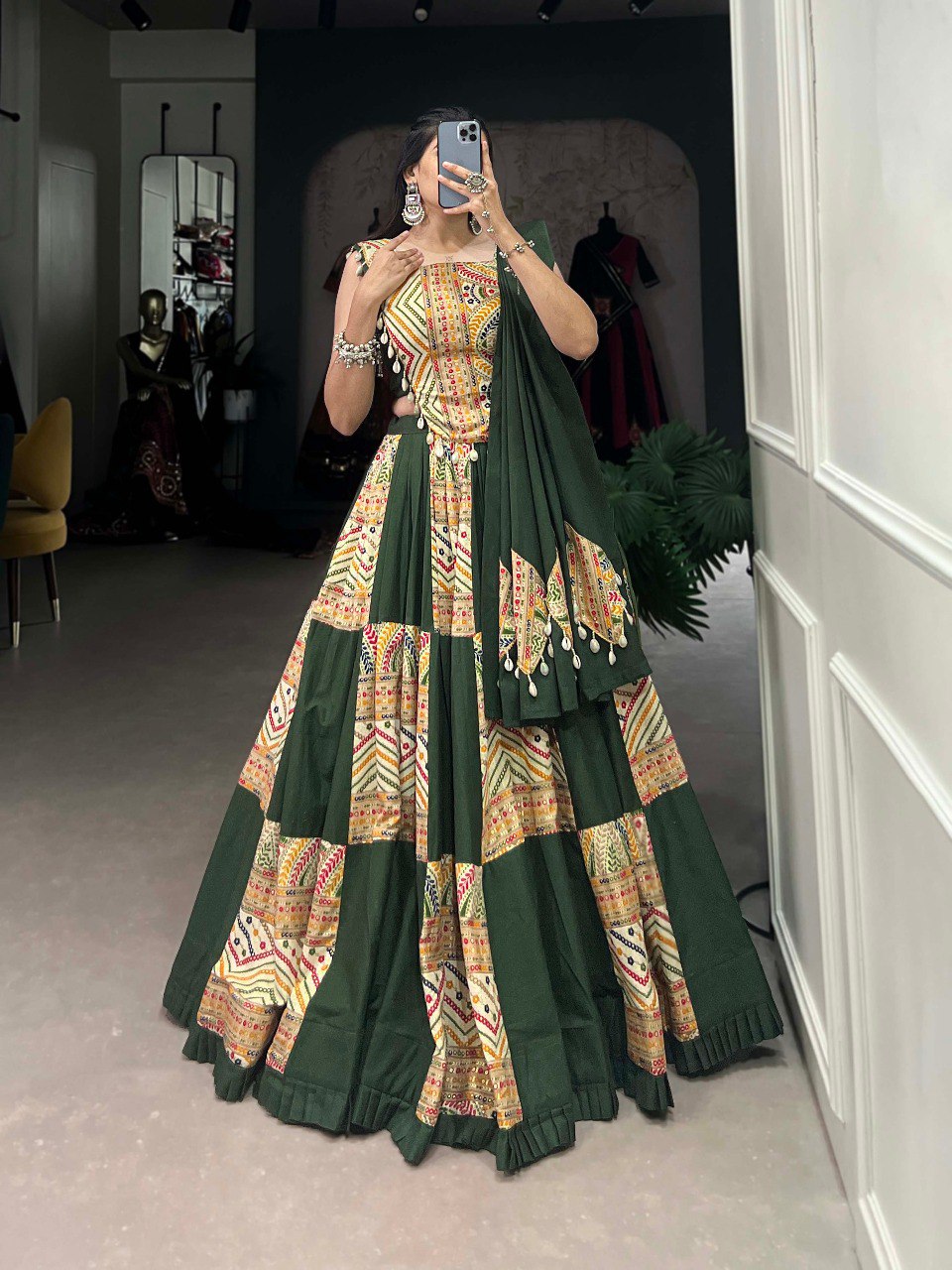 Lorenvalley Green Pure Cotton Plain And Printed With Foil Work Lehenga Choli with Dupatta