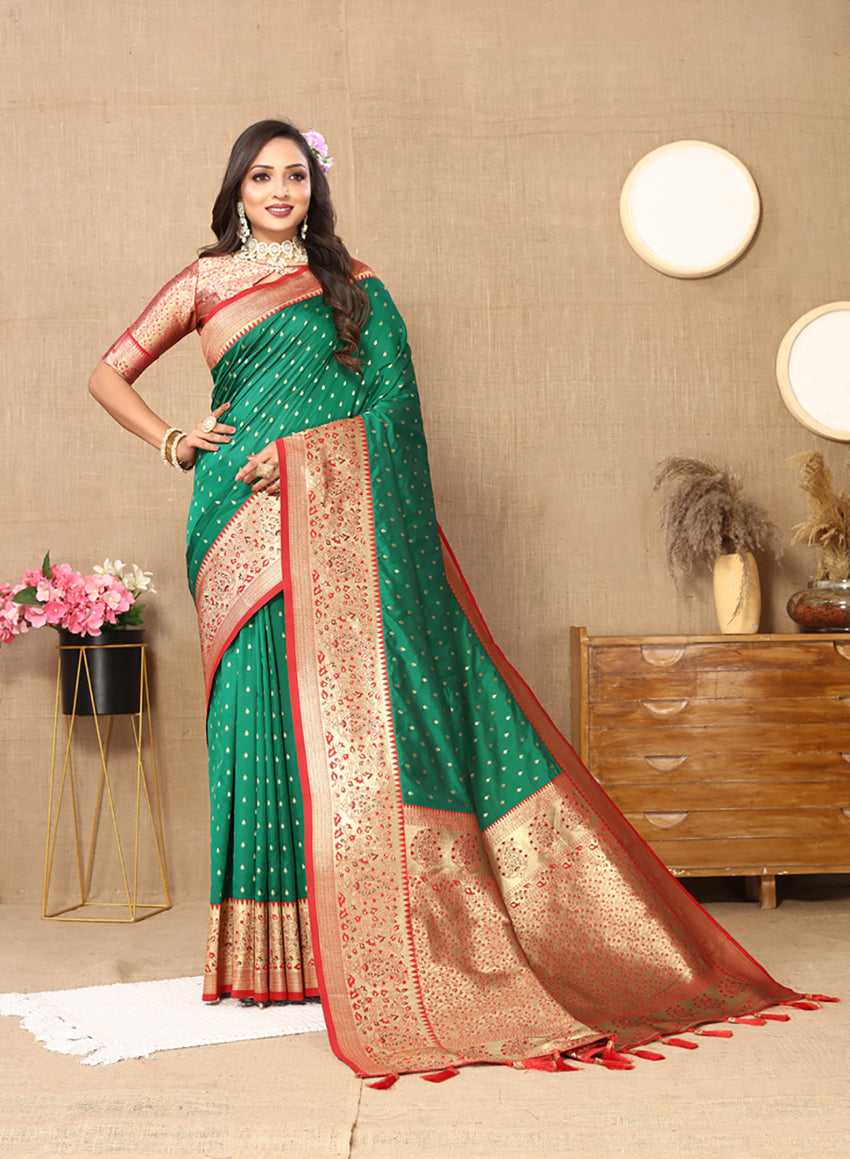 Lorenvalley Fashion Green Soft Silk weaving Design Rich Zari Weaving Saree