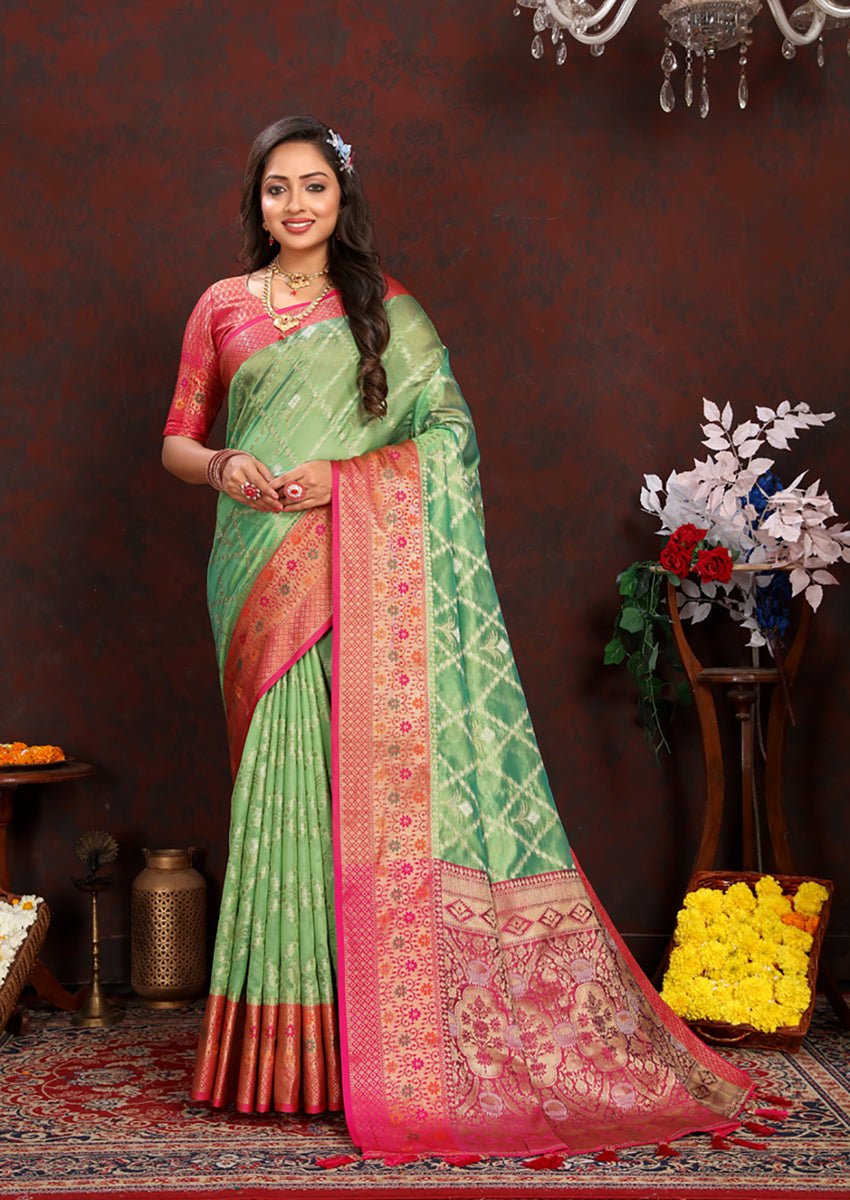 Lorenvalley Fashion Green Organza Silk Woven Design with Rich Meenakari Weaving Pallu Saree