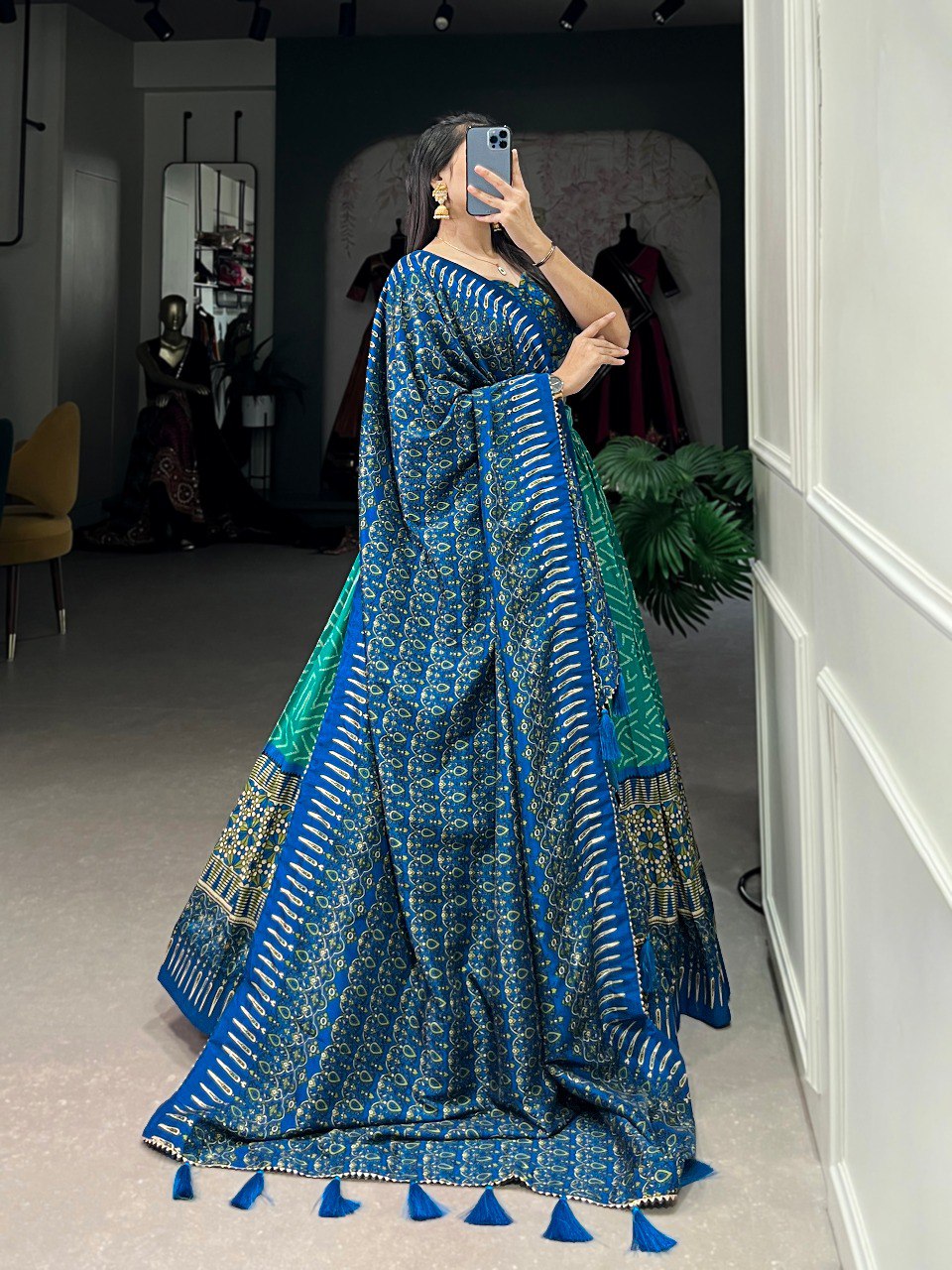 Lorenvalley Green Tussar Silk Bandhej And Ajarakh Print Lehenga Choli with Dupatta