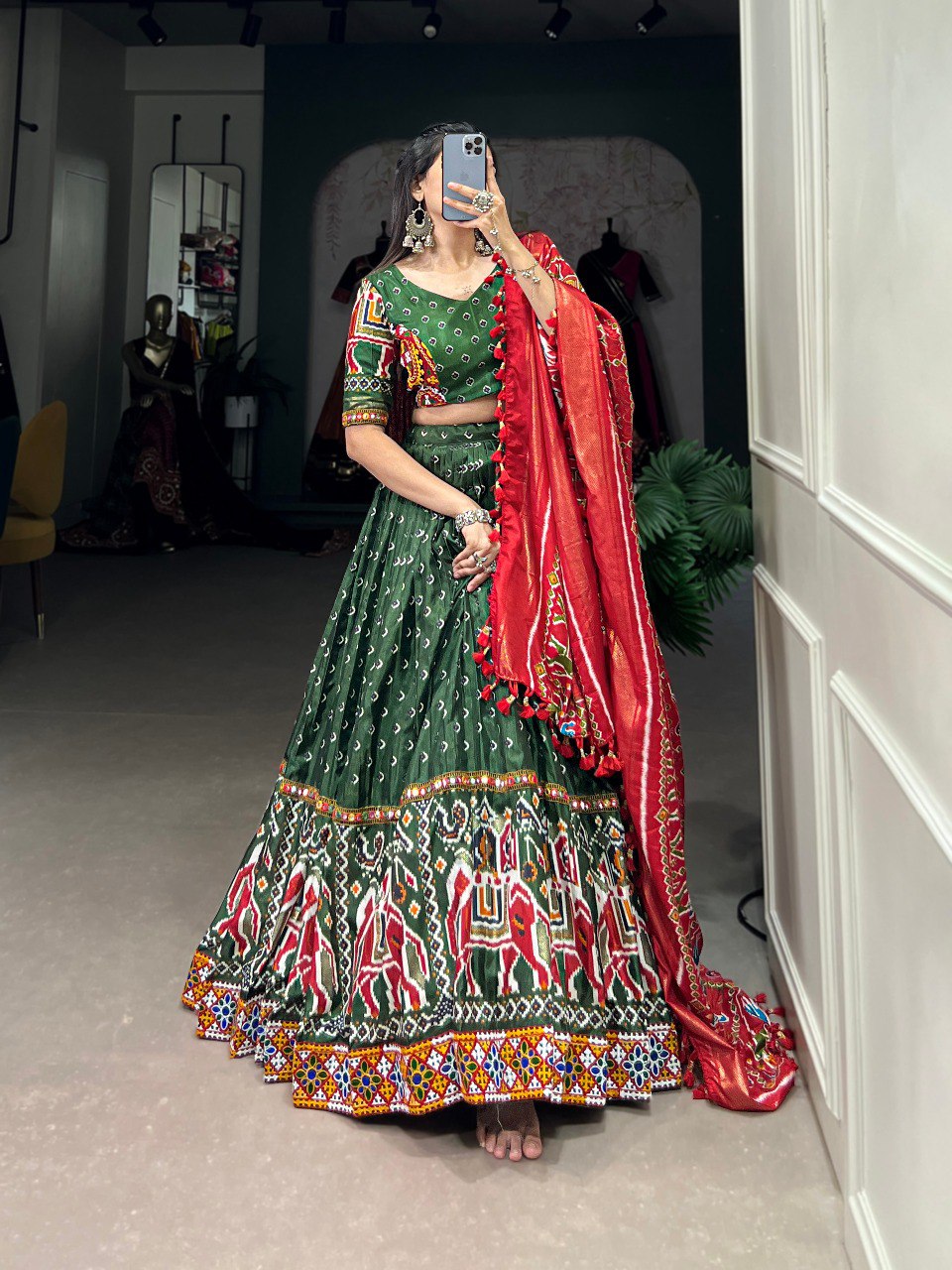 Lorenvalley Dola Silk Green Patola Print With Gamthi Work Lace Border Lehenga Choli with Dupatta