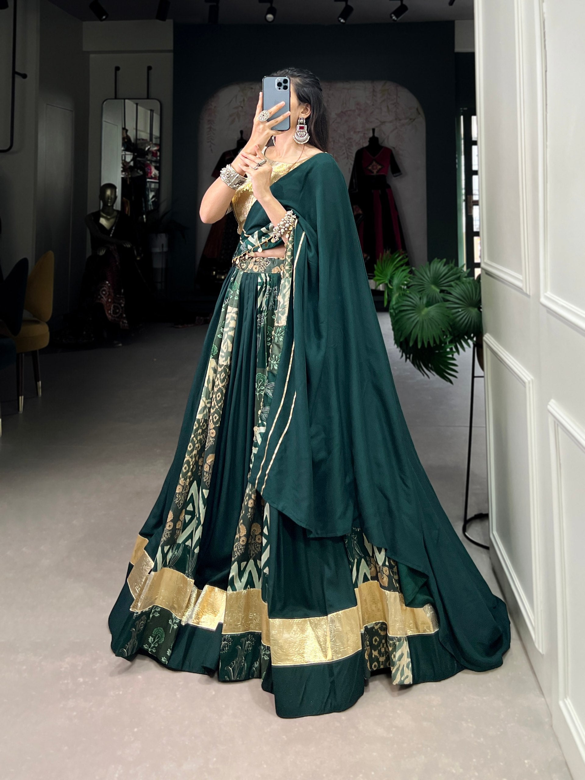 Lorenvalley Rayon and Tussar Silk Green Plain And Printed With Embossed Design Gota Lace Lehenga Choli with Dupatta