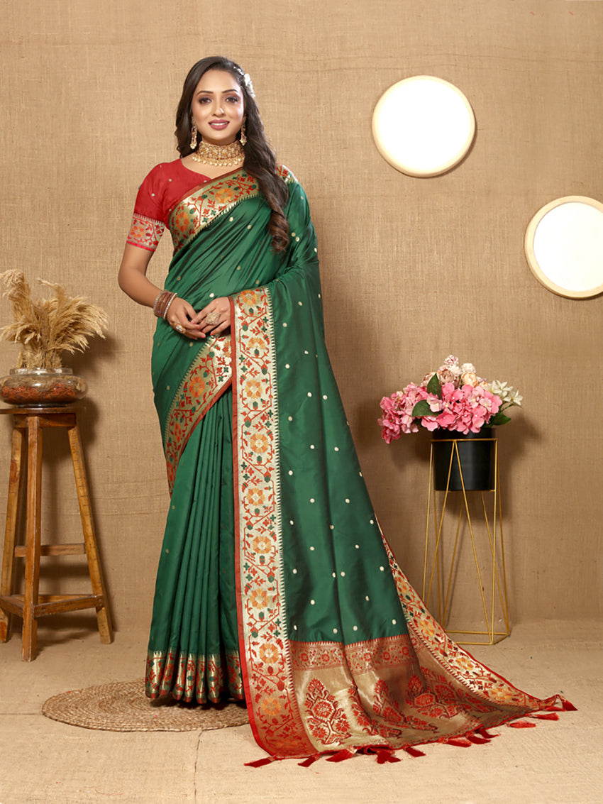 Lorenvalley Fashion Green Soft Paithani Silk Woven Design Rich Meenakari Zari Weaving Pallu Saree