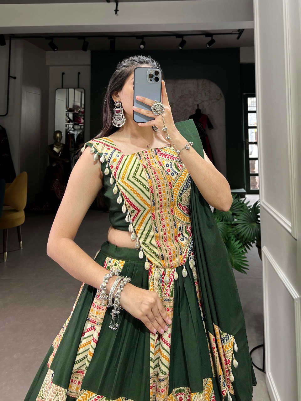 Lorenvalley Pure Cotton Green Plain And Printed With Foil Work Lehenga Choli with Dupatta