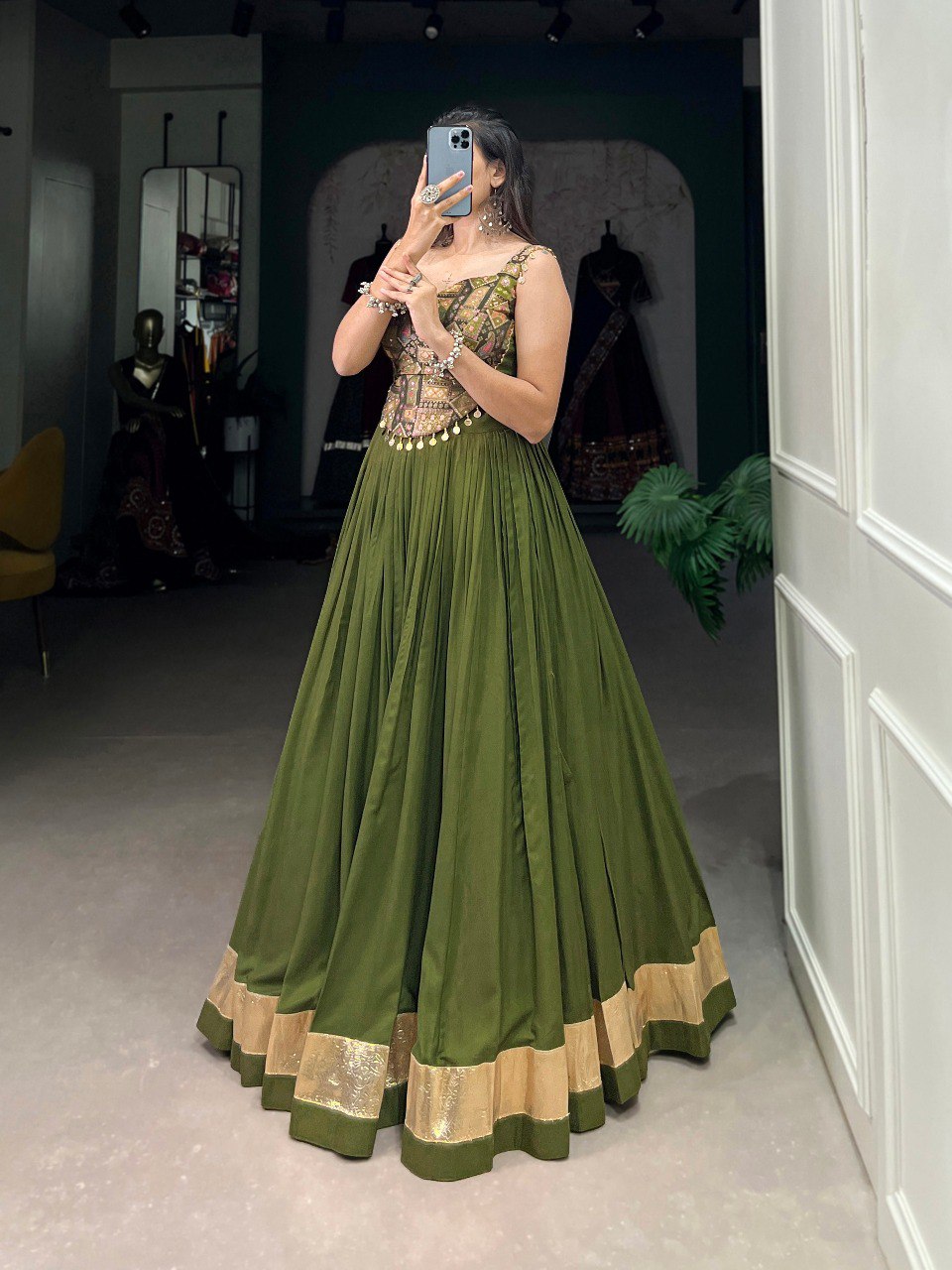 Lorenvalley Pure Rayon Green Plain With Embossed Design Lace Touch Up Lehenga Choli