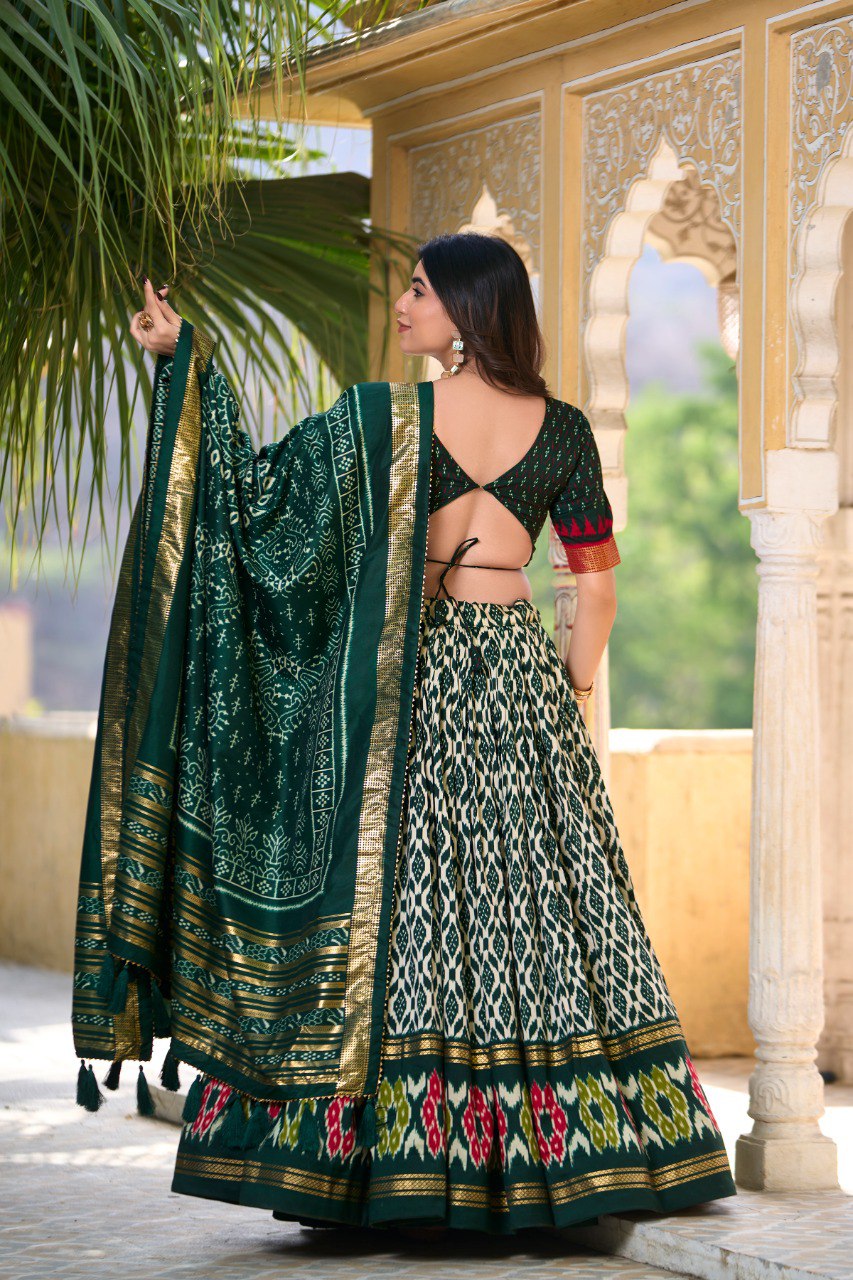 Lorenvalley Green Tussar Silk Ikkat Print With Foil Work Lehenga Choli with Dupatta