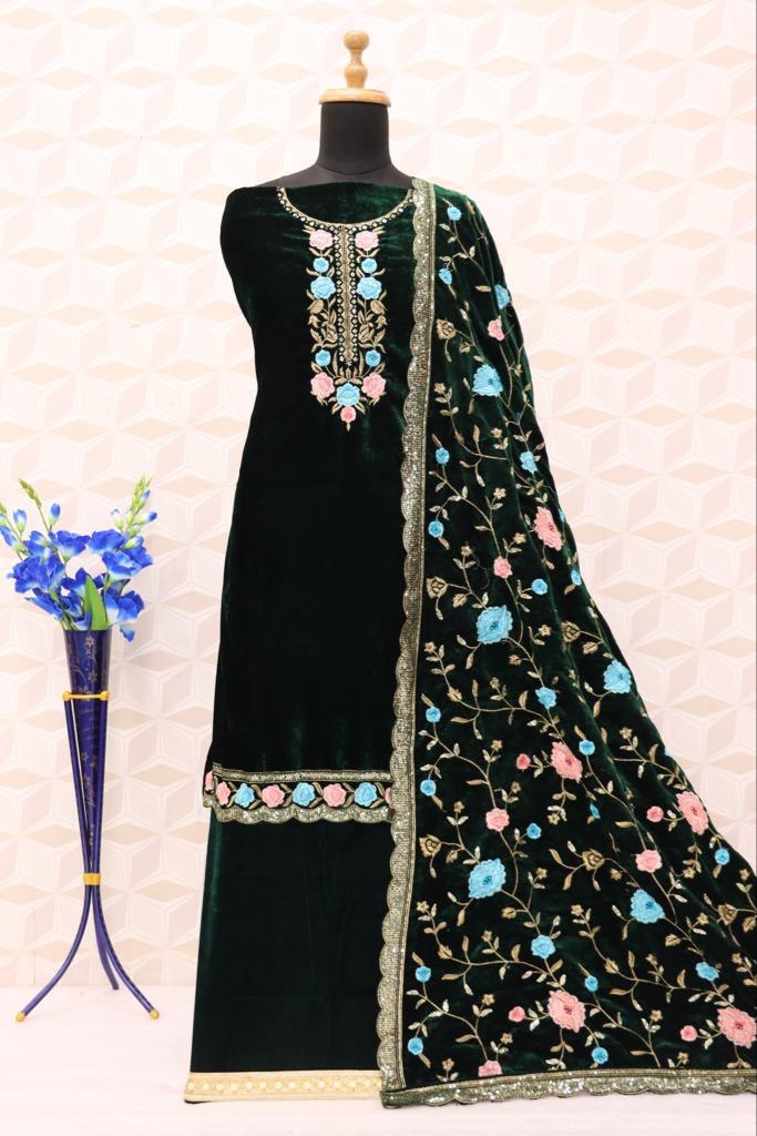 Lorenvalley Fashion Women Green Velvet Embroidered Salwar Suit Material