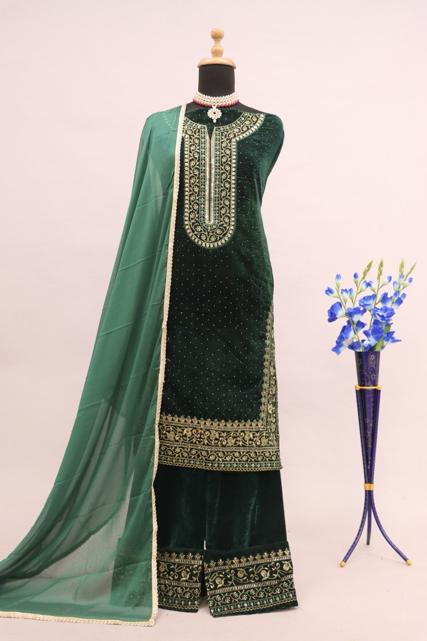 Lorenvalley Fashion Women Green Velvet Embroidered Salwar Suit Material