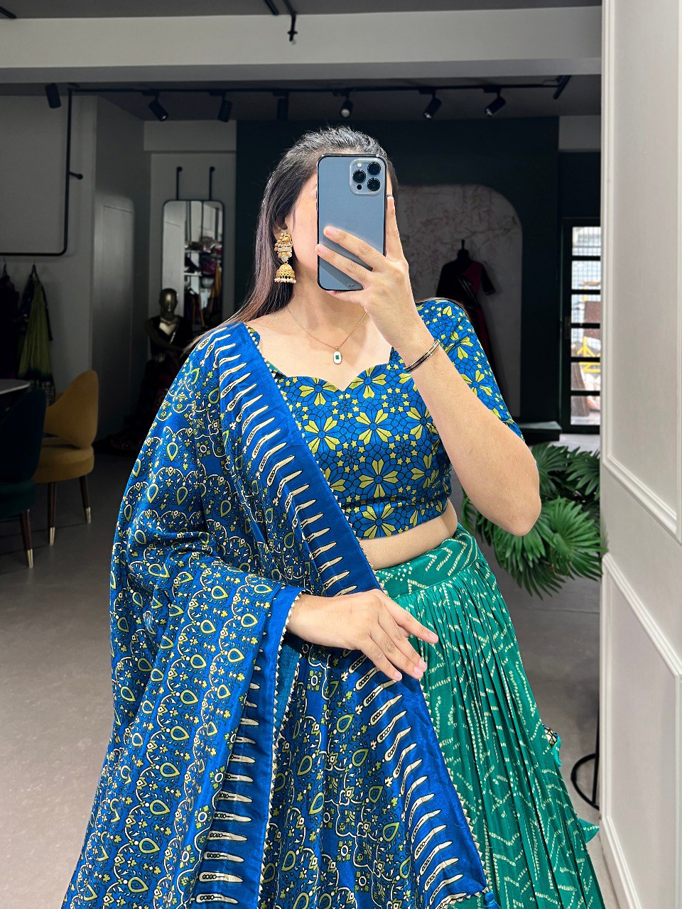 Lorenvalley Green Tussar Silk Bandhej And Ajarakh Print Lehenga Choli with Dupatta