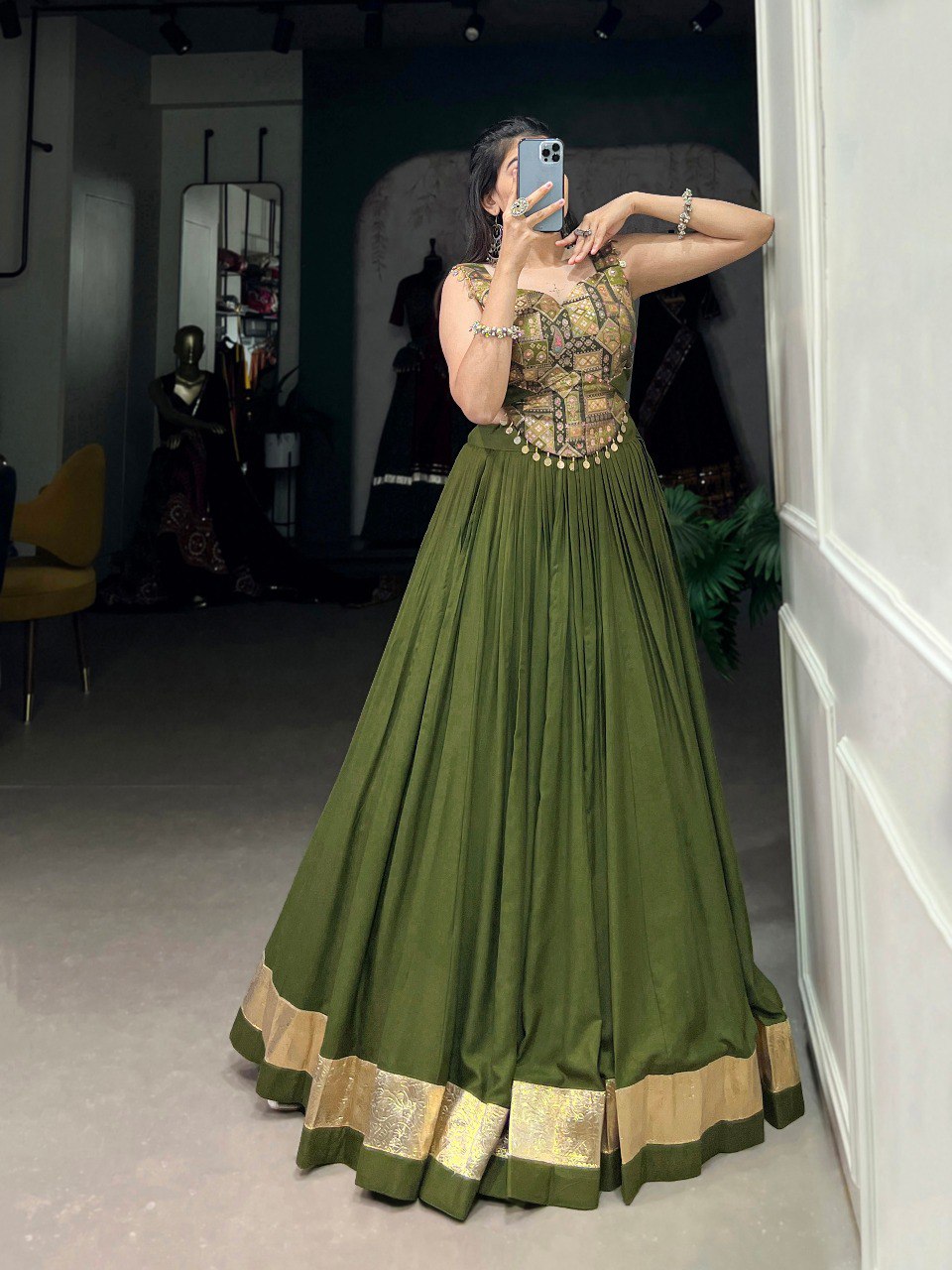 Lorenvalley Green Pure Rayon Plain With Embossed Design Lace Touch Up Lehenga Choli