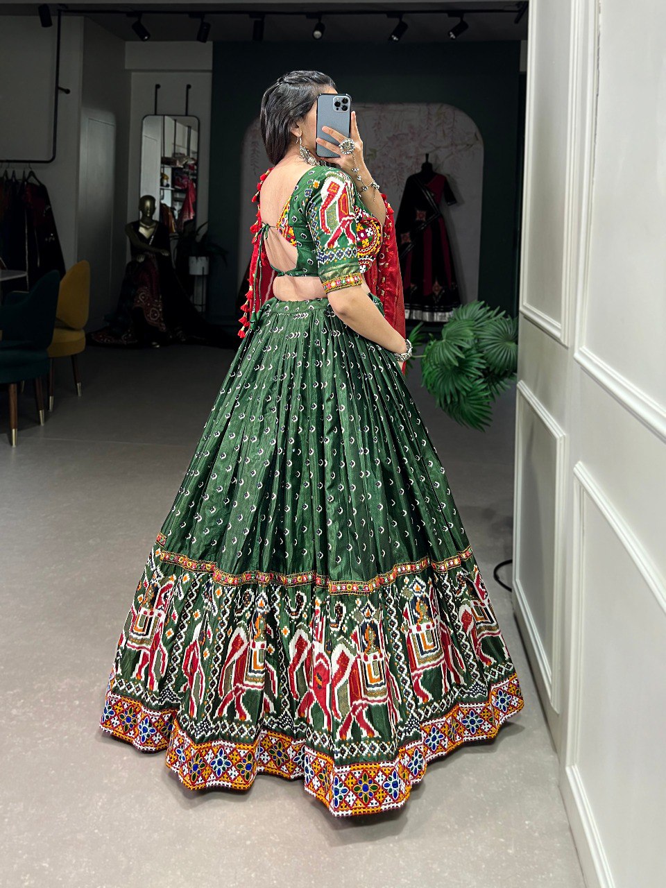 Lorenvalley Dola Silk Green Patola Print With Gamthi Work Lace Border Lehenga Choli with Dupatta