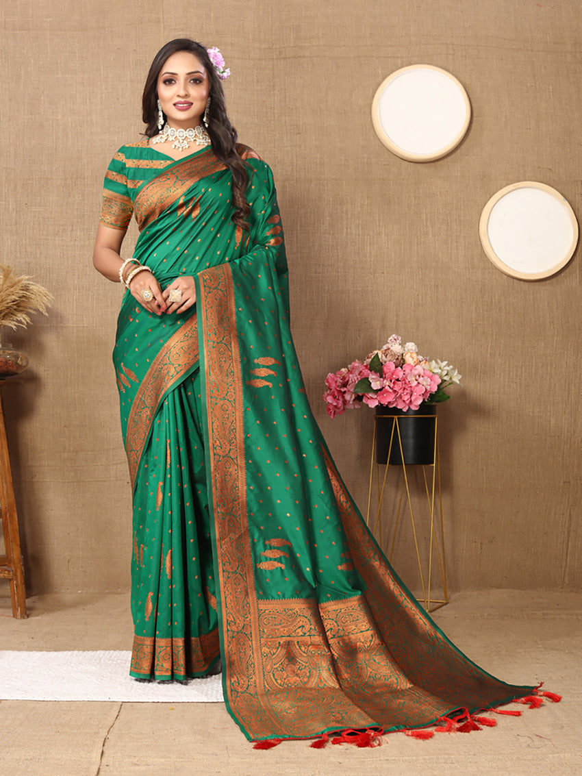 Lorenvalley Fashion Green Soft Silk Copper Zari weaving Design Saree
