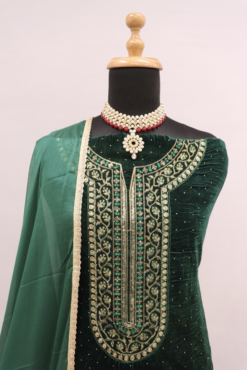 Lorenvalley Fashion Women Green Velvet Embroidered Salwar Suit Material