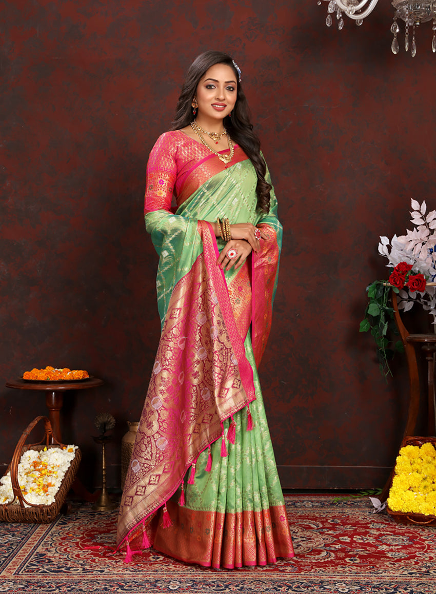 Lorenvalley Fashion Green Organza Silk Woven Design with Rich Meenakari Weaving Pallu Saree