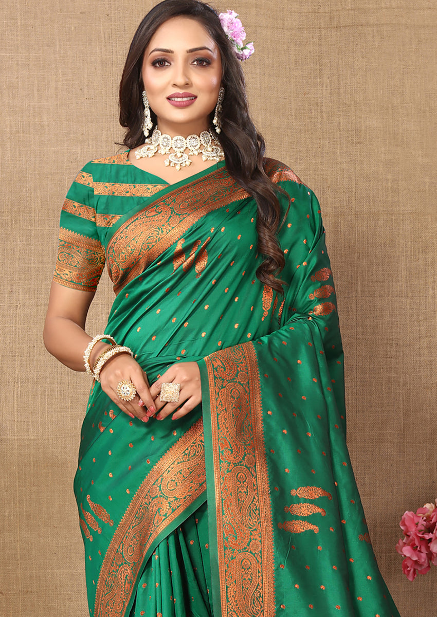 Lorenvalley Fashion Green Soft Silk Copper Zari weaving Design Saree