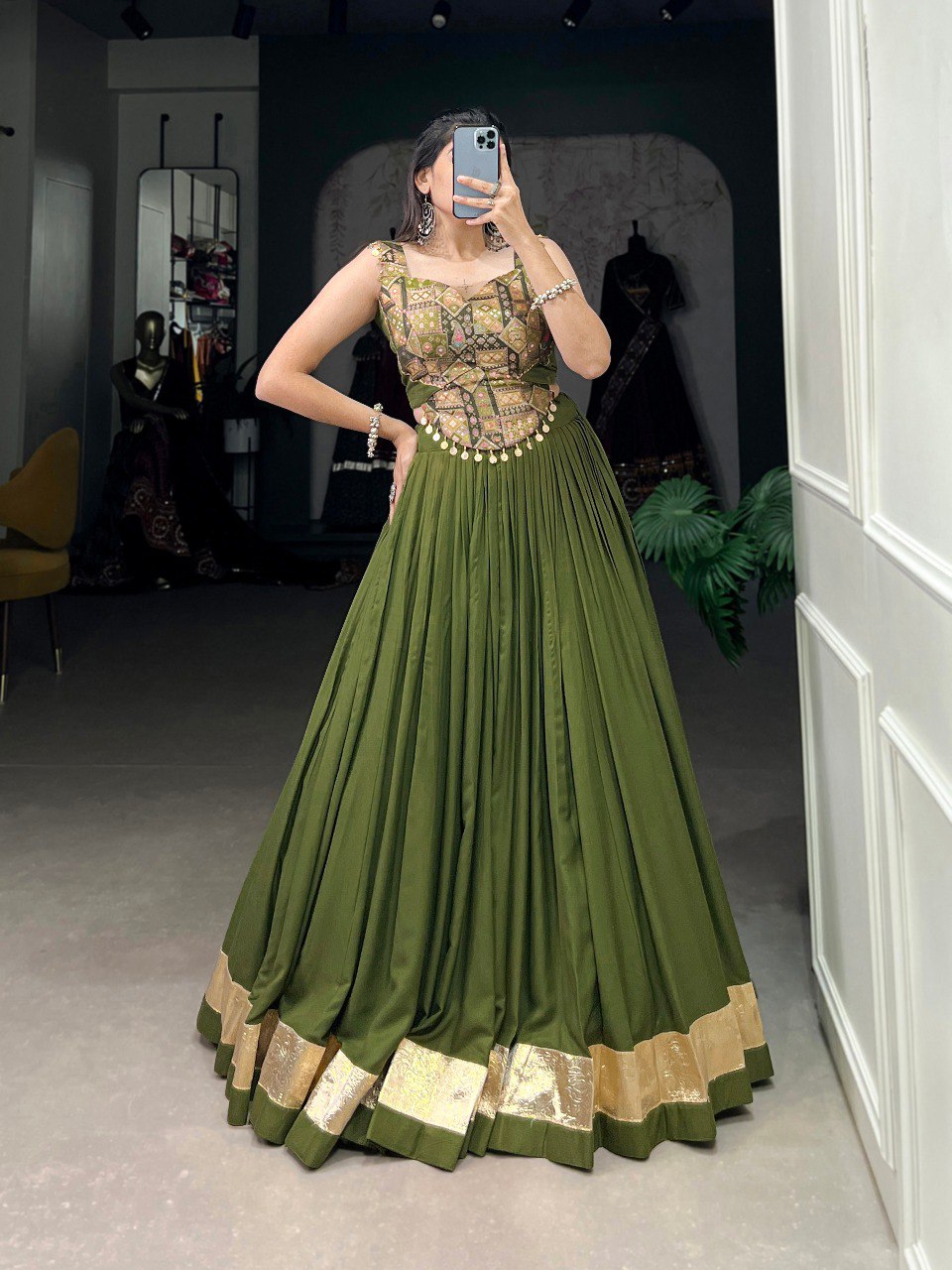 Lorenvalley Green Pure Rayon Plain With Embossed Design Lace Touch Up Lehenga Choli