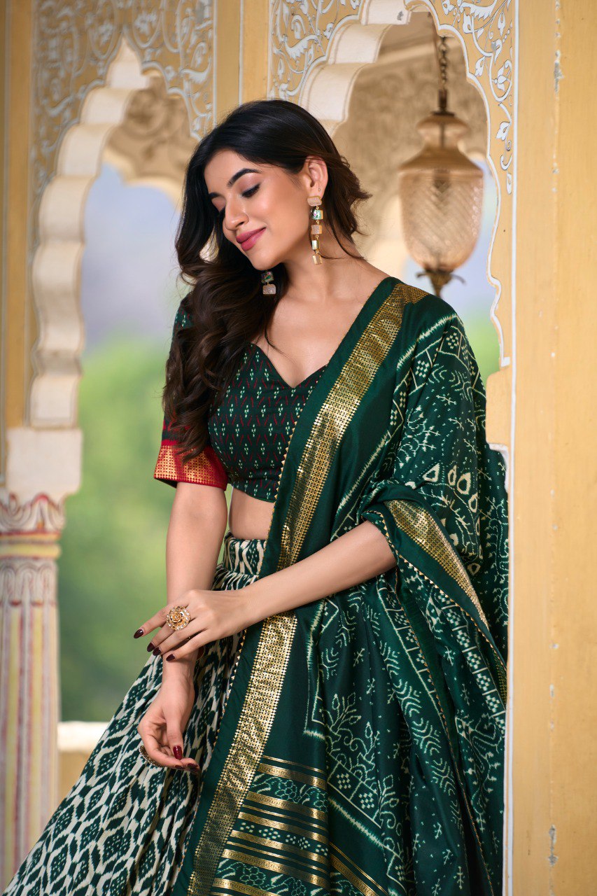 Lorenvalley Green Tussar Silk Ikkat Print With Foil Work Lehenga Choli with Dupatta