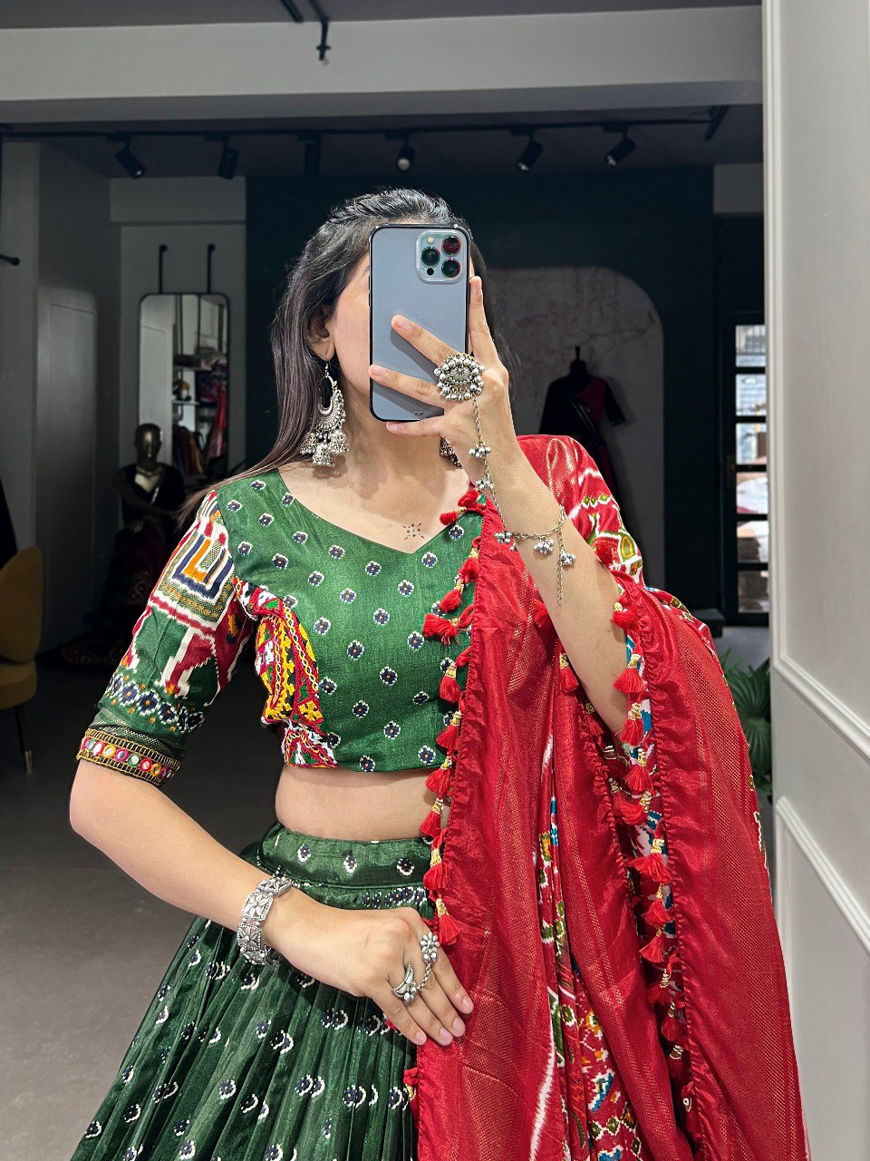 Lorenvalley Green Dola Silk Patola Print With Gamthi Work Lace Border Lehenga Choli with Dupatta