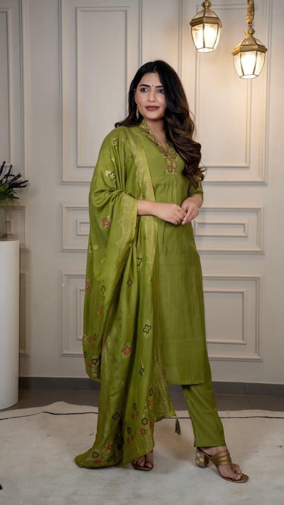 Lorenvalley Fashion Green Roman Silk Embroidery Sequence Work Kurta Pant with Dupatta