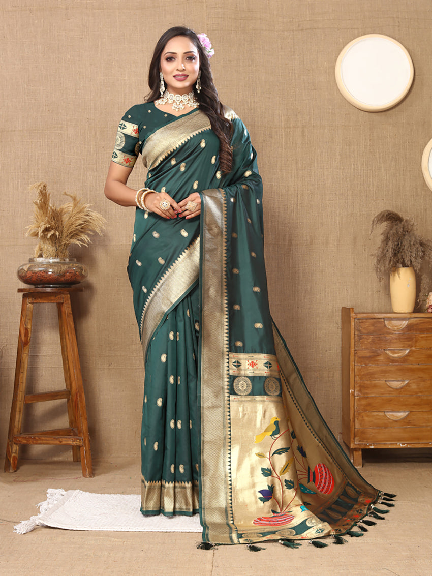Lorenvalley Fashion Green Soft Paithani Silk Woven Design Rich Zari Meenakari Weaving Saree