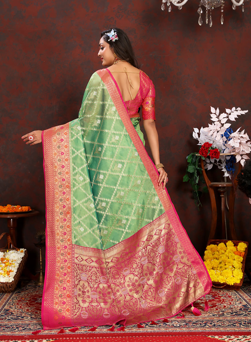 Lorenvalley Fashion Green Organza Silk Woven Design with Rich Meenakari Weaving Pallu Saree