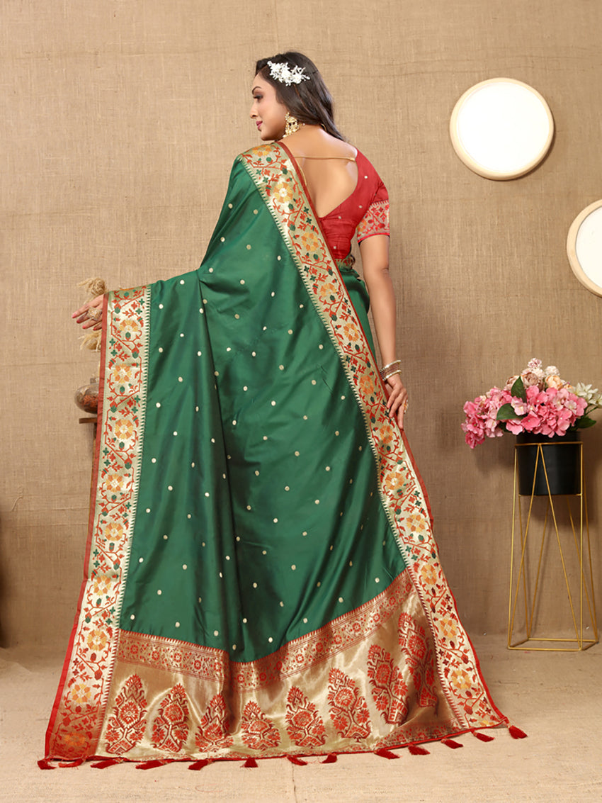 Lorenvalley Fashion Green Soft Paithani Silk Woven Design Rich Meenakari Zari Weaving Pallu Saree