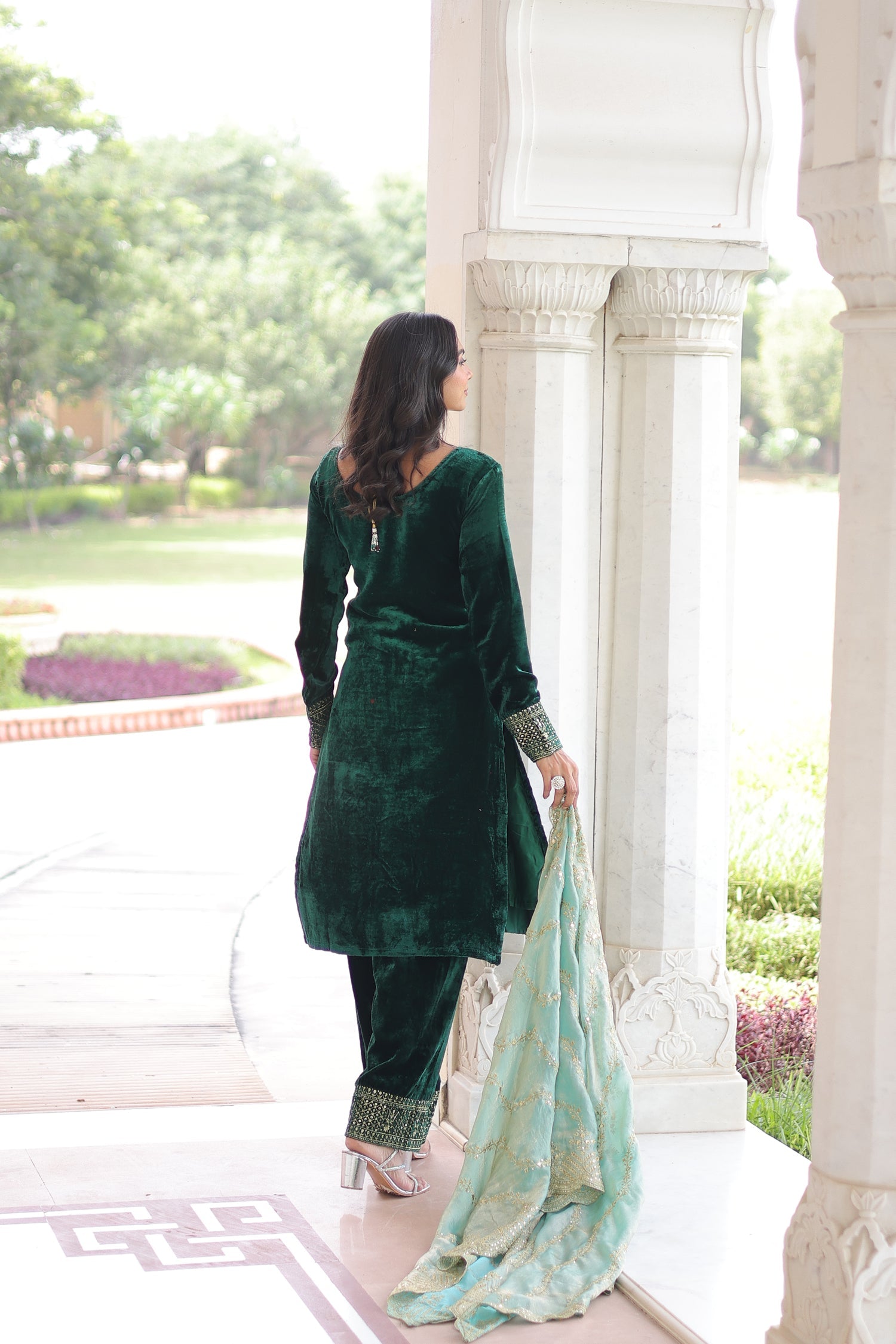 Lorenvalley Fashion Green Velvet with Rich Sequins & Zari Embroidered work Kurta Pant with Dupatta