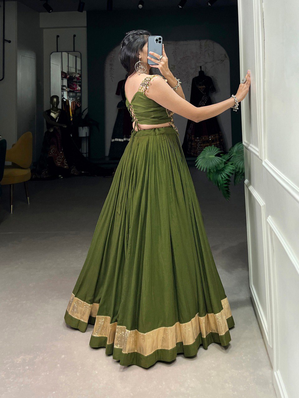 Lorenvalley Green Pure Rayon Plain With Embossed Design Lace Touch Up Lehenga Choli