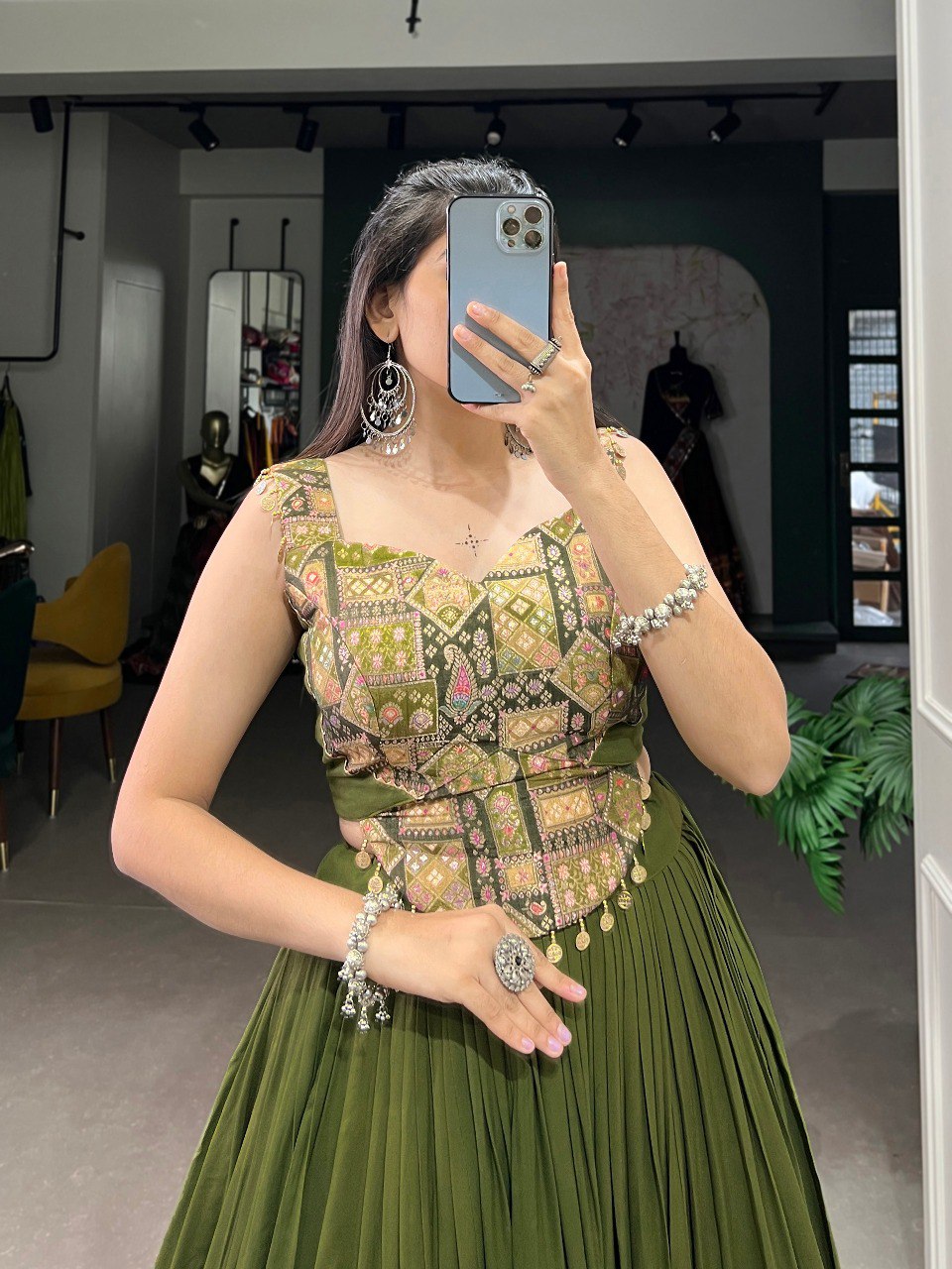 Lorenvalley Green Pure Rayon Plain With Embossed Design Lace Touch Up Lehenga Choli
