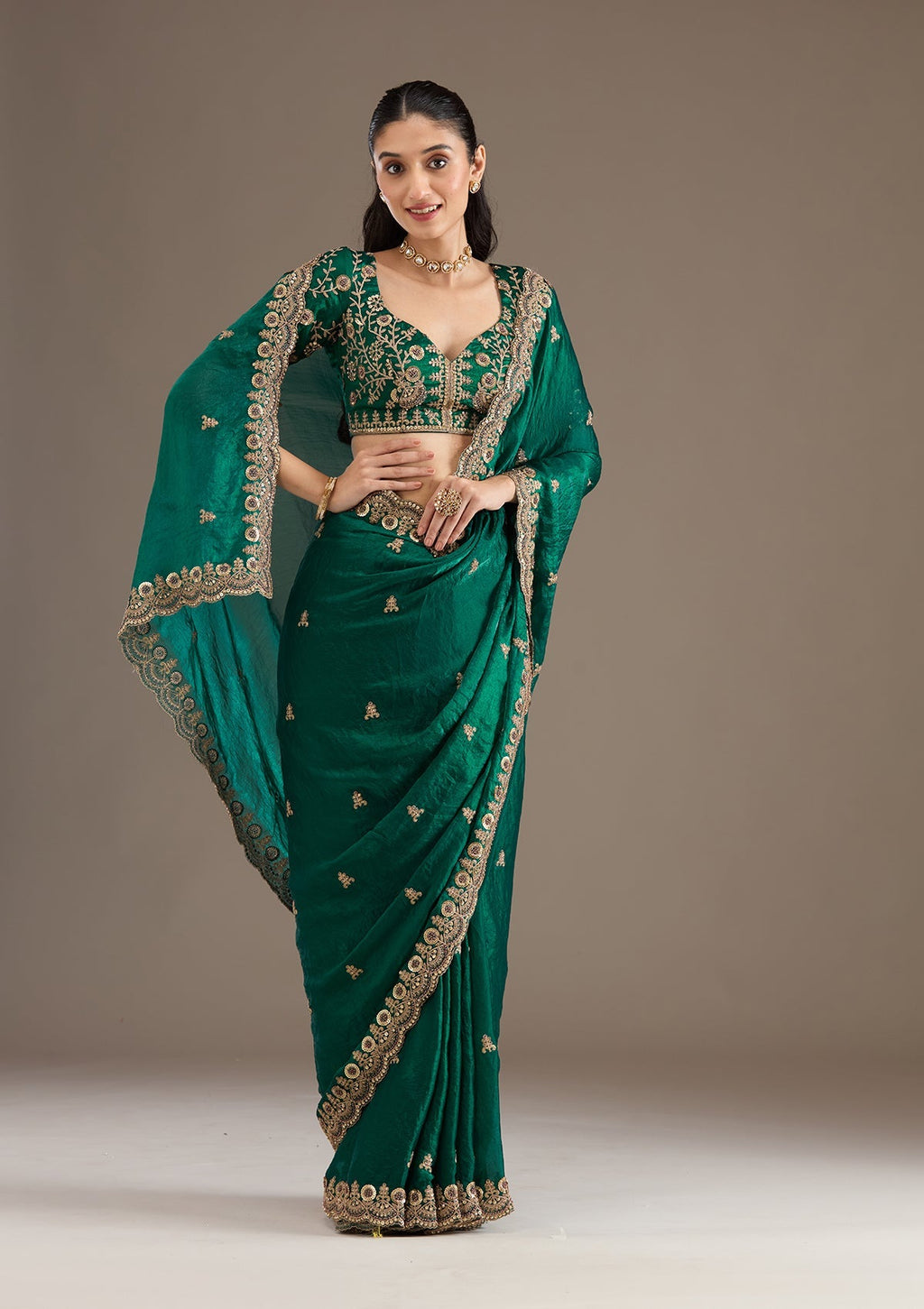 Lorenvalley Fashion Green Fendy Satin with Embroidery Double Sequence Work Saree with Blouse