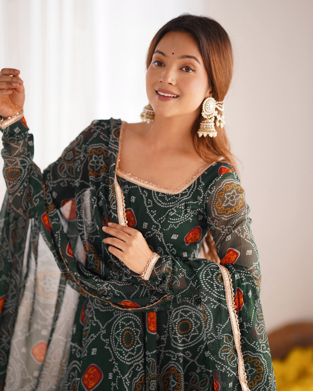 Lorenvalley Women Soft Lightweight Chiffon Bandhej Print Fabric Anarkali Kurta Pant With Dupatta Set