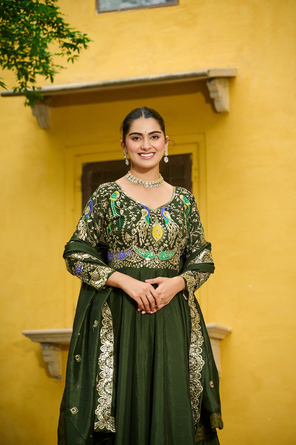 Lorenvalley Fashion Green Vichitra Silk with Multi Thread & Embroidered work Anarkali Gown with Dupatta