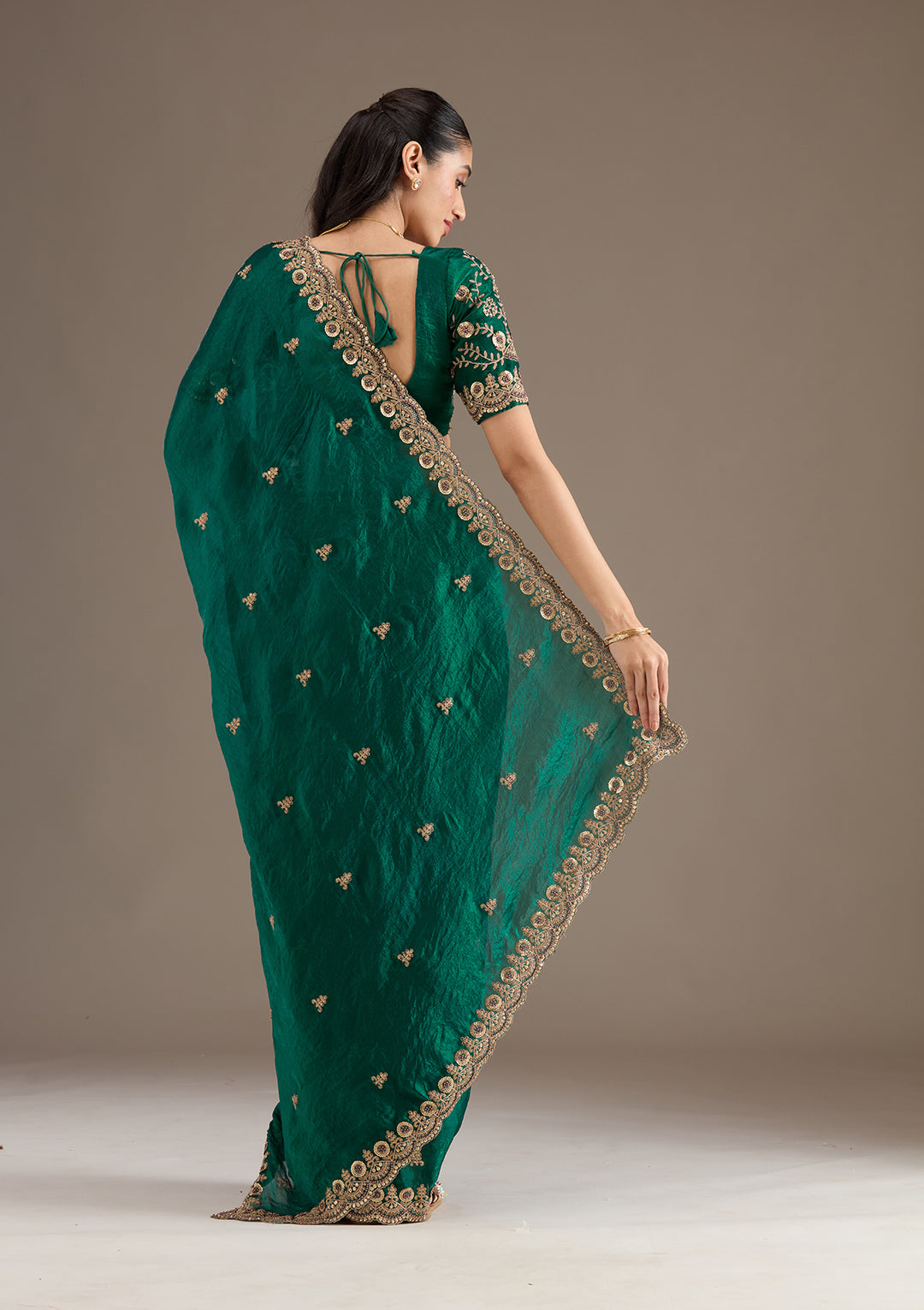 Lorenvalley Fashion Green Fendy Satin with Embroidery Double Sequence Work Saree with Blouse