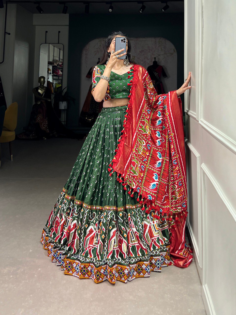 Lorenvalley Dola Silk Green Patola Print With Gamthi Work Lace Border Lehenga Choli with Dupatta