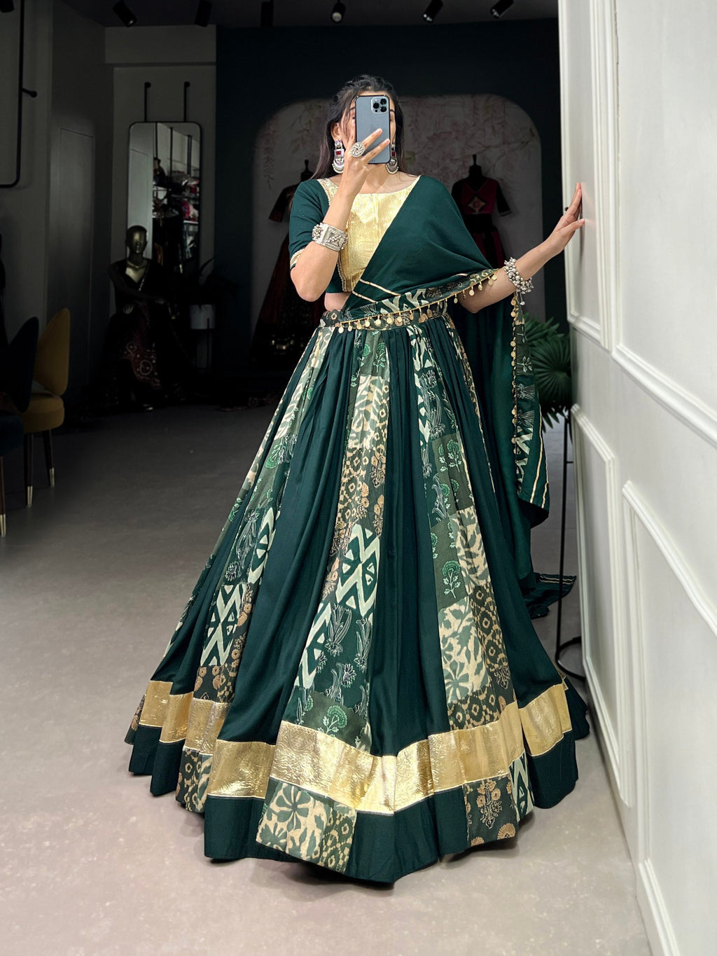 Lorenvalley Green Rayon and Tussar Silk Plain And Printed With Embossed Design Gota Lace Lehenga Choli with Dupatta