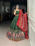 Lorenvalley Green Dola Silk Patola Print With Gamthi Work Lace Border Lehenga Choli with Dupatta