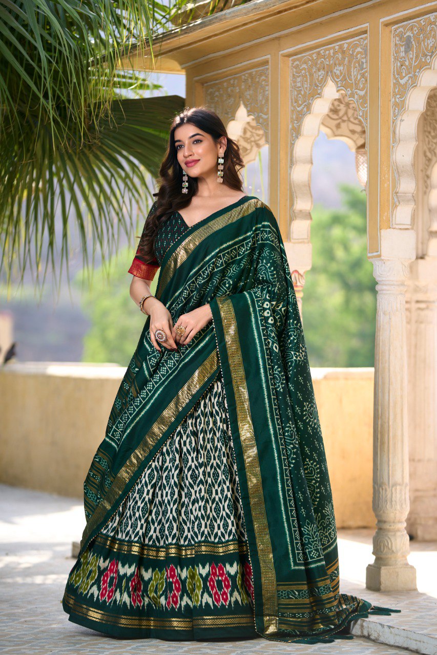 Lorenvalley Green Tussar Silk Ikkat Print With Foil Work Lehenga Choli with Dupatta