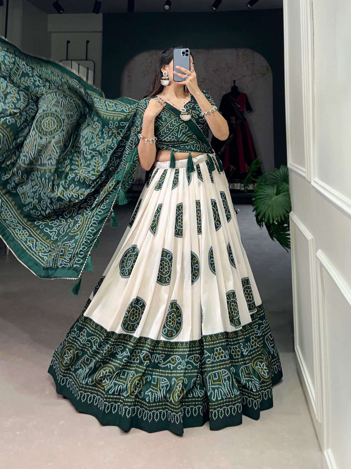 Lorenvalley Green Tussar Silk with Bandhej Print Lehenga Choli