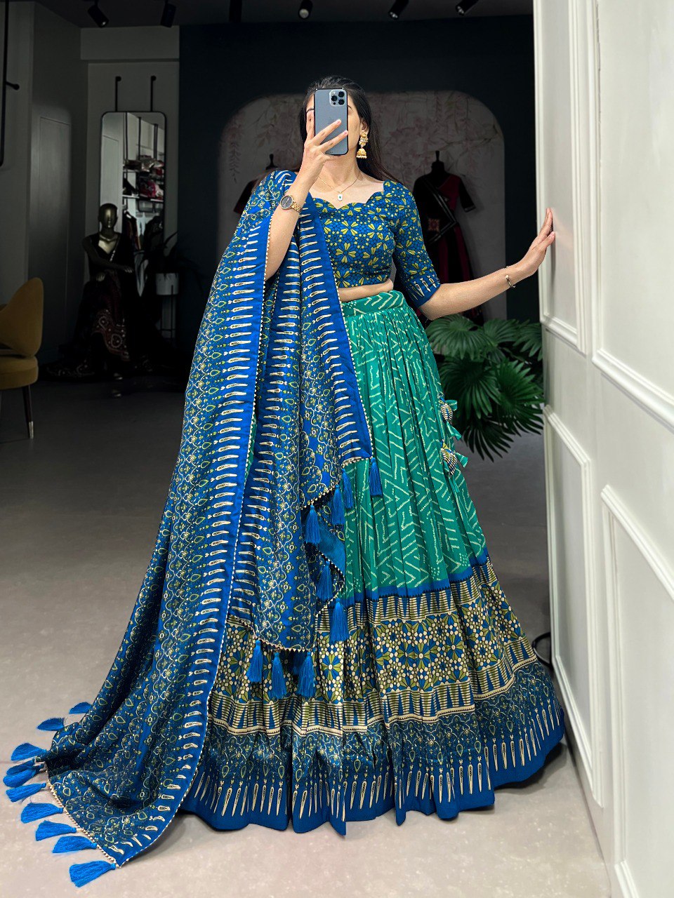 Lorenvalley Green Tussar Silk Bandhej And Ajarakh Print Lehenga Choli with Dupatta