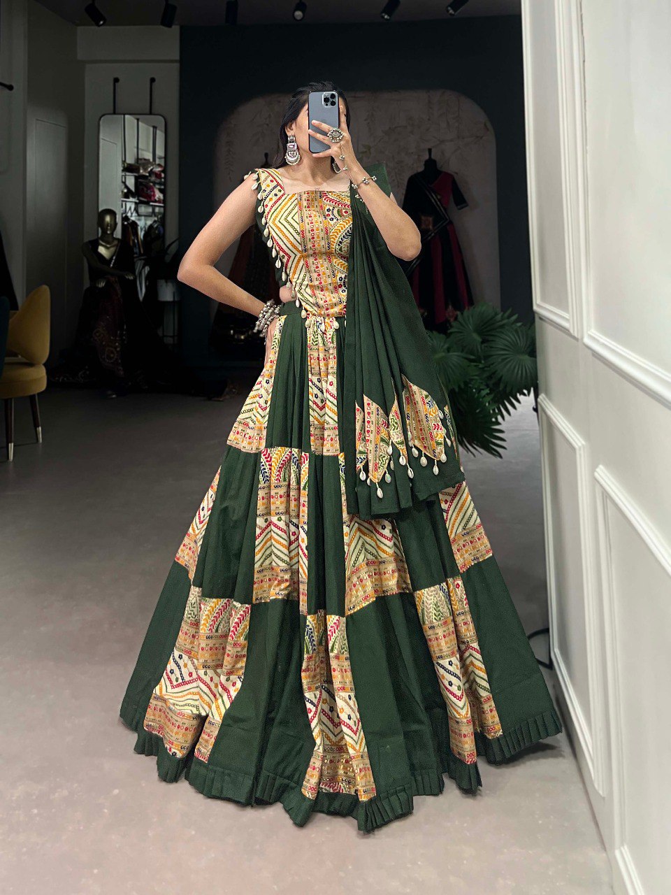 Lorenvalley Pure Cotton Green Plain And Printed With Foil Work Lehenga Choli with Dupatta