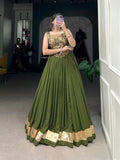 Lorenvalley Green Pure Rayon Plain With Embossed Design Lace Touch Up Lehenga Choli