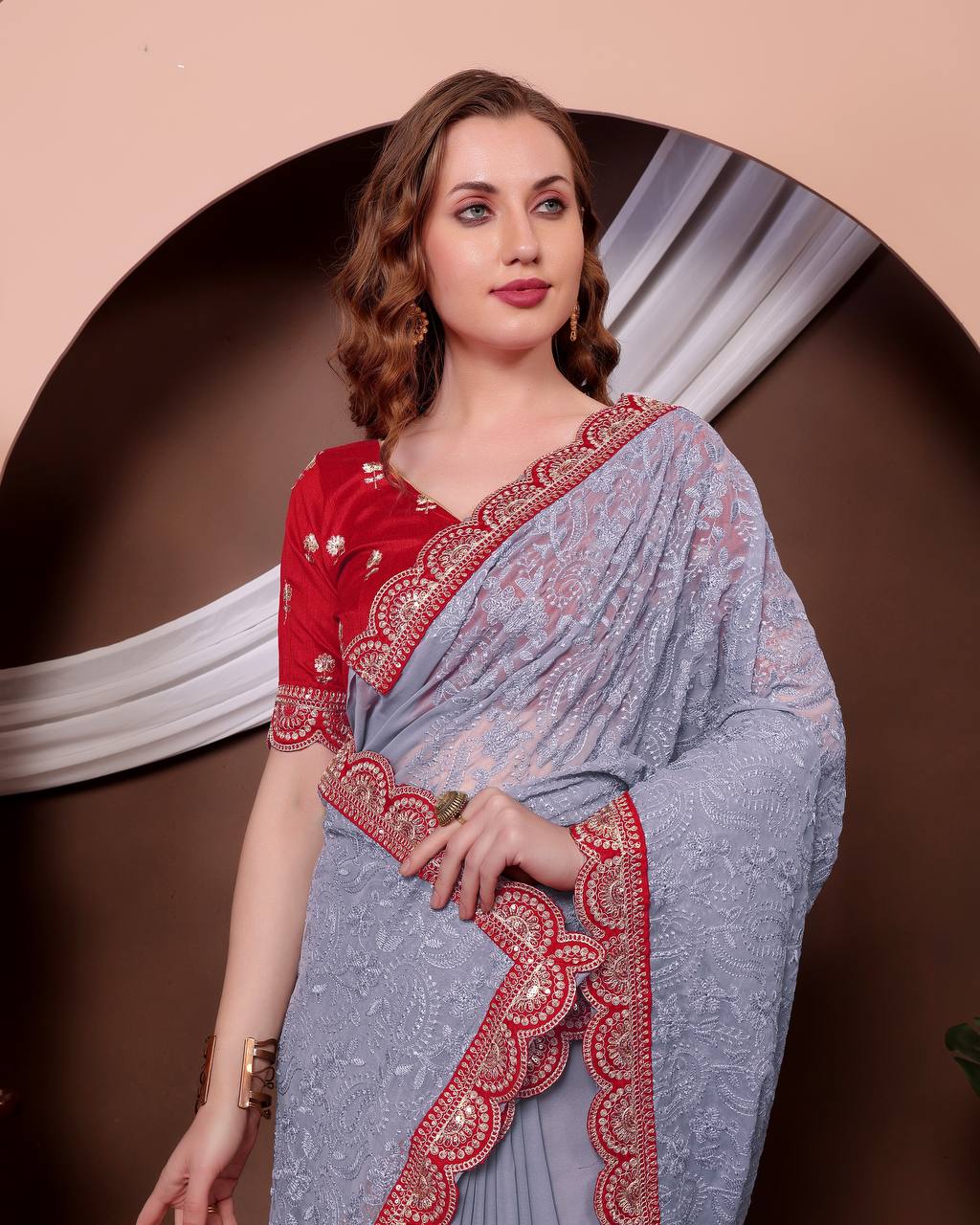 Teeya Creation Grey Color Georgette Fabric Chikankari Work Saree