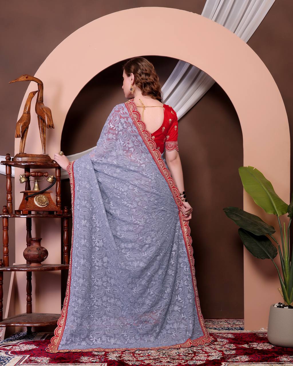 Teeya Creation Grey Color Georgette Fabric Chikankari Work Saree