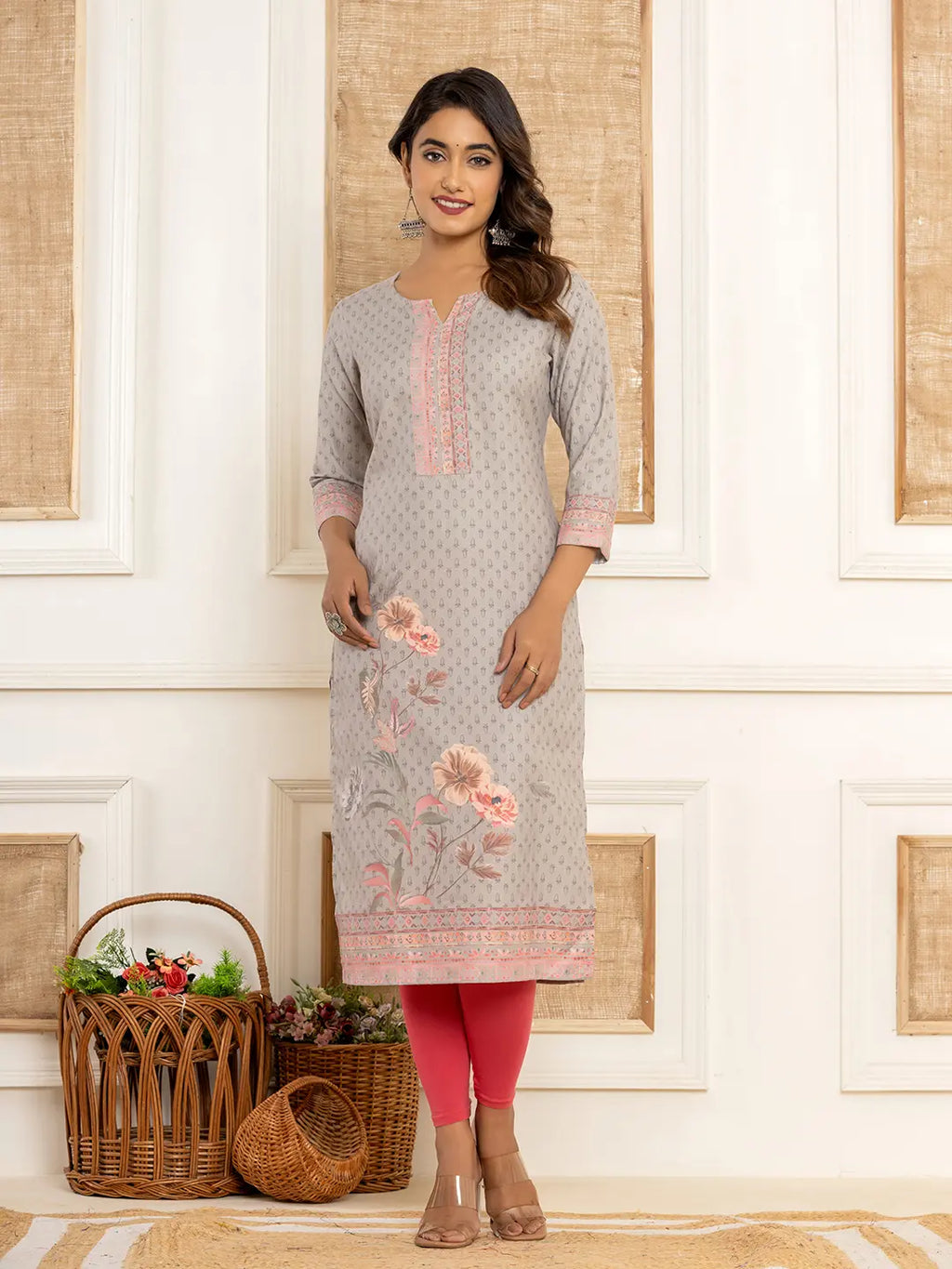 Yufta Grey Cotton A-Line Kurta With Digital Print