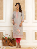 Yufta Grey Cotton A-Line Kurta With Digital Print