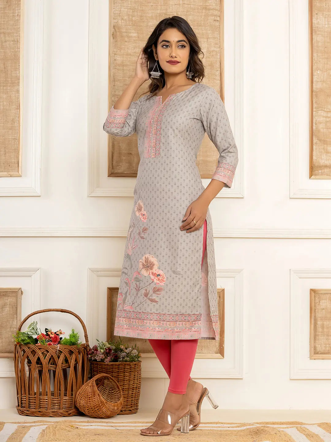Yufta Grey Cotton A-Line Kurta With Digital Print