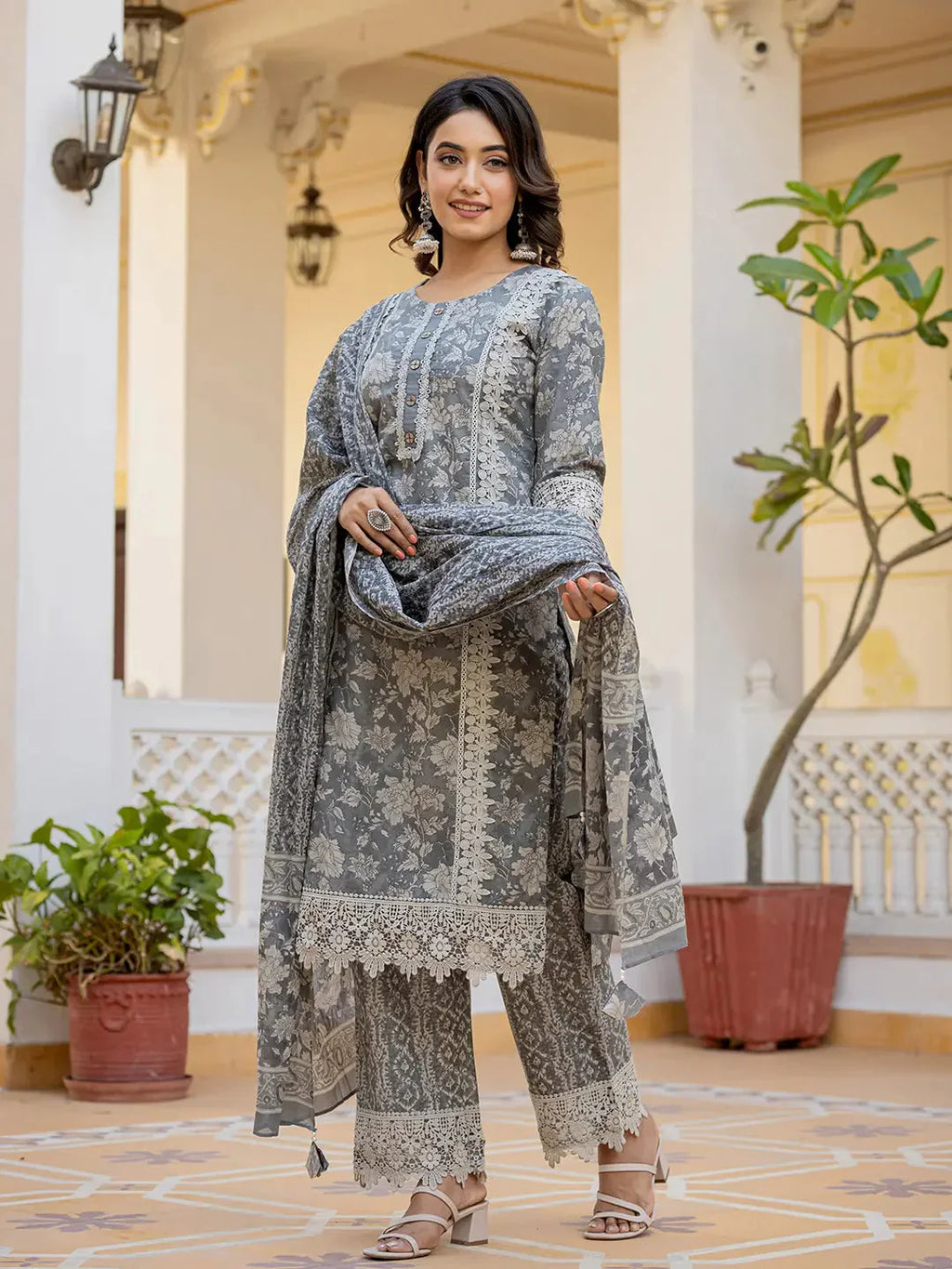 Yufta Grey Floral Print Straight Pakistani Style Kurta Trouser And Dupatta Set With Lace Work