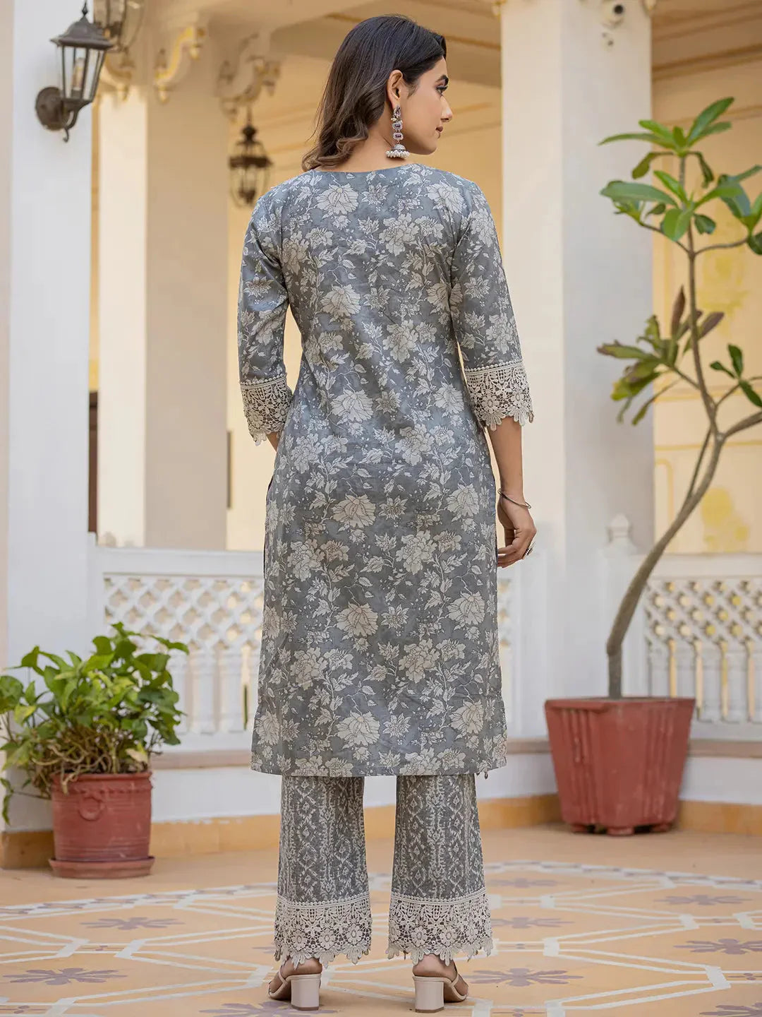 Yufta Grey Floral Print Straight Pakistani Style Kurta Trouser And Dupatta Set With Lace Work