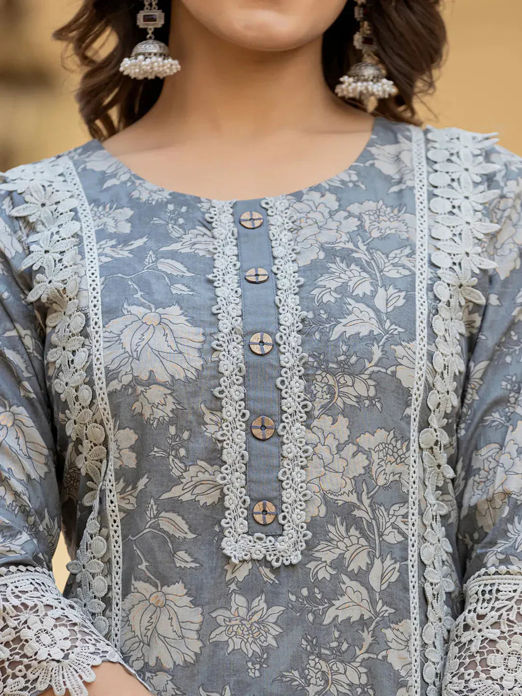 Yufta Grey Floral Print Straight Pakistani Style Kurta Trouser And Dupatta Set With Lace Work